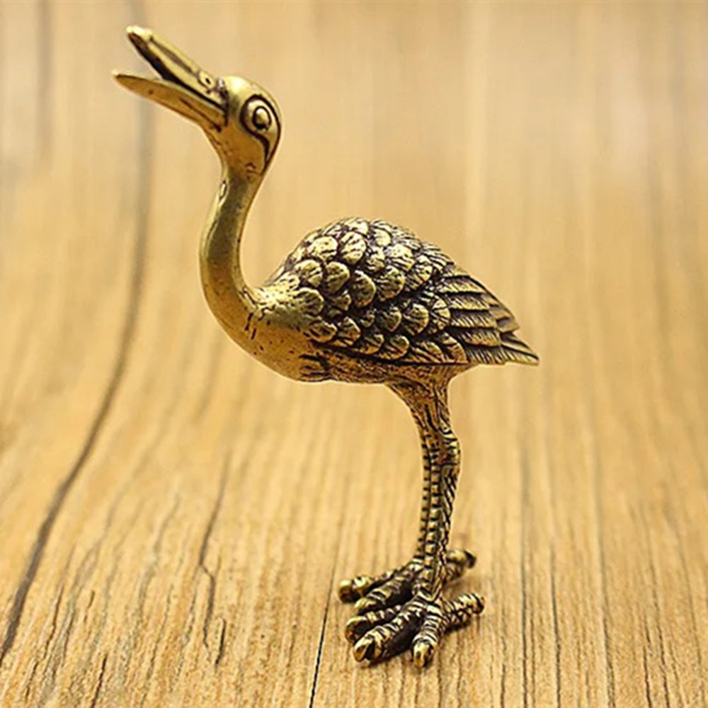 Hand-carved vintage solid copper crane figurine, elegant bronze decor accessory.