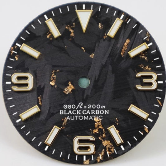 Golden and black 28.5mm Explorer style carbon fiber watch dial for NH34 NH35 by Golden+Black.