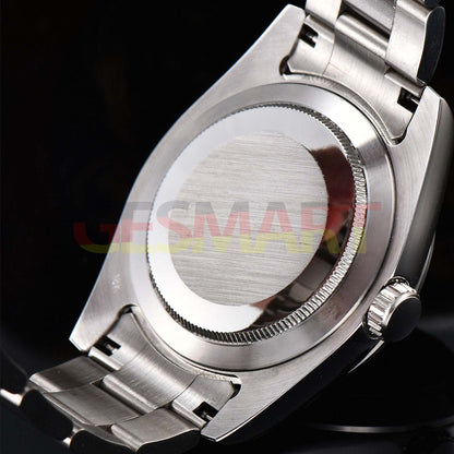 Men?s 40mm stainless steel wristwatch with sapphire glass, waterproof, white dial, and silver markers.