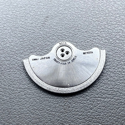 Silver rotor oscillating weight for Miyota 9015 mechanical watch movement, enhancing winding efficiency.