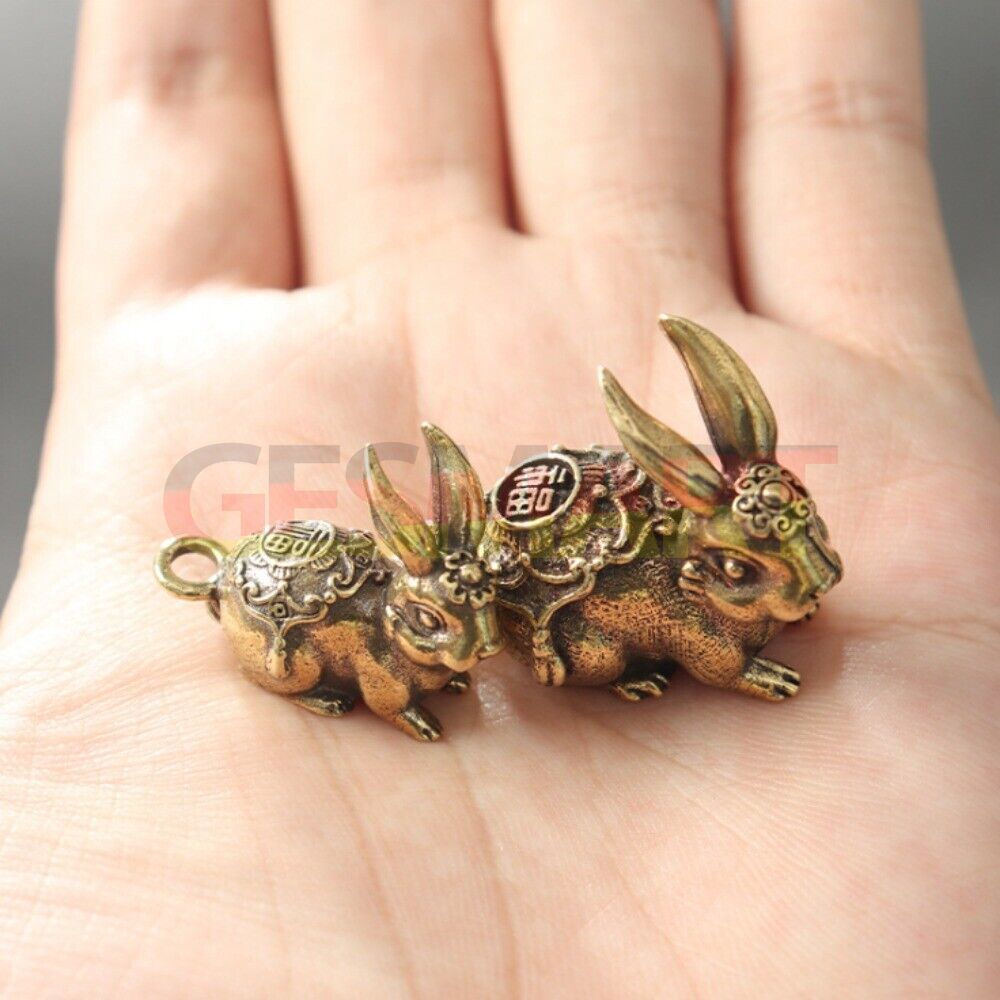 Hand-carved Solid Copper Blessing Rabbit figurine pendant, detailed bronze finish accessory.