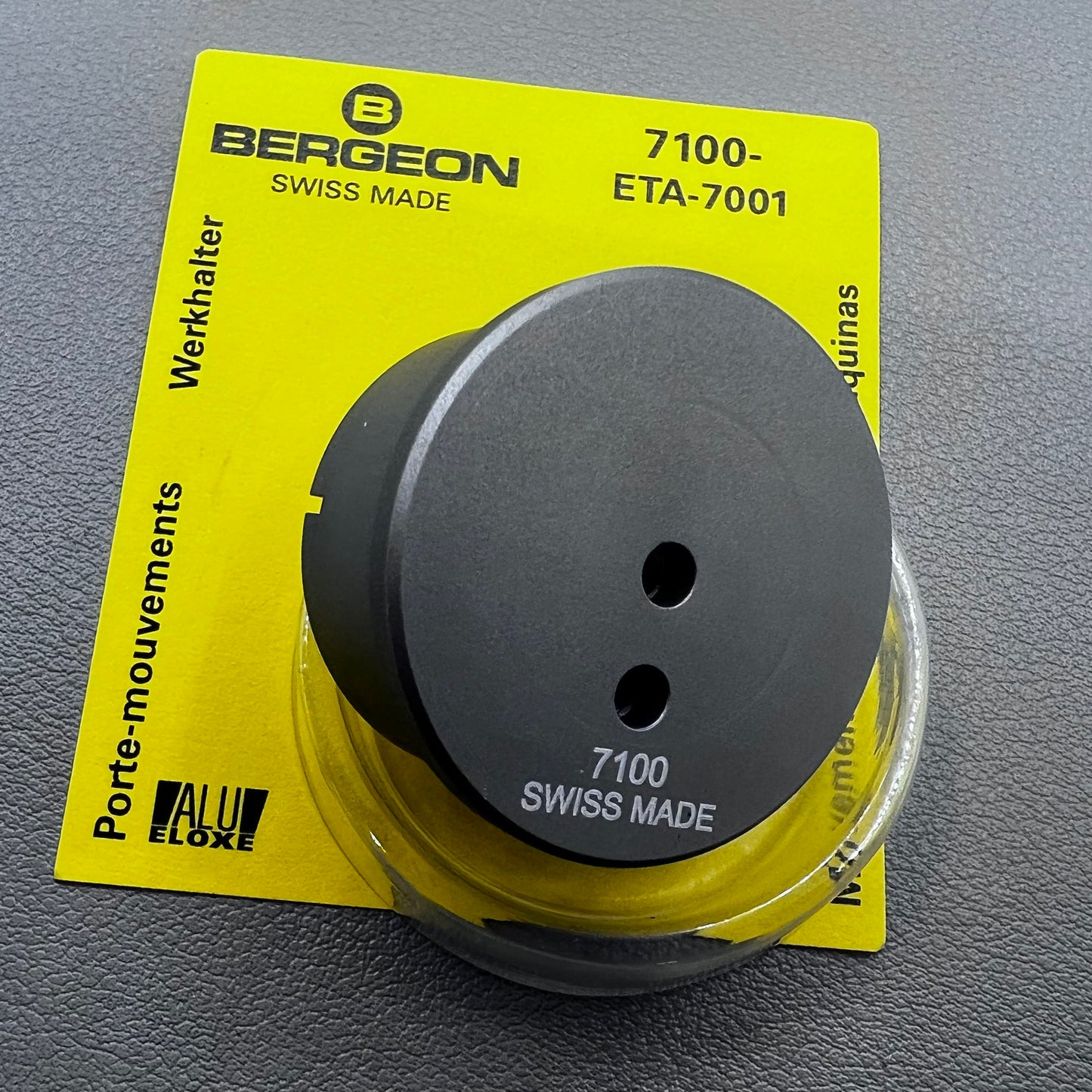 Swiss Bergeon watch movement holder for ETA 7001, secure tool for precise watch repair and maintenance