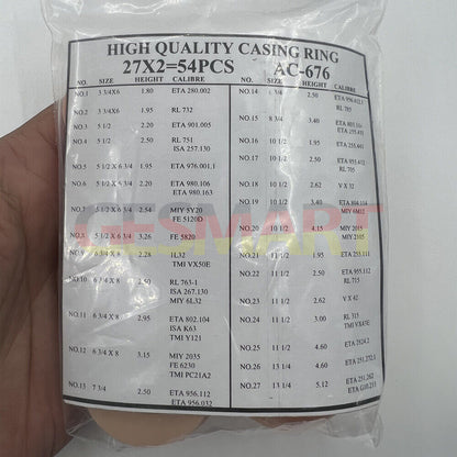 Set of 54 AC-676 watch movement case spacers, 27 ligne sizes for precise watch repairs.