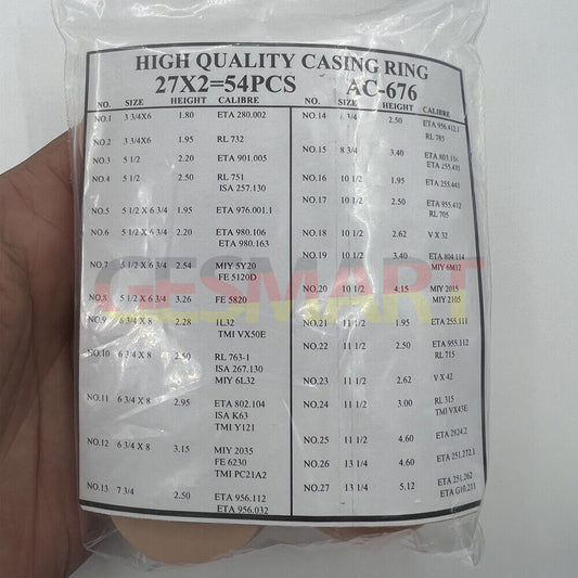 Set of 54 AC-676 watch movement case spacers, 27 ligne sizes for precise watch repairs.