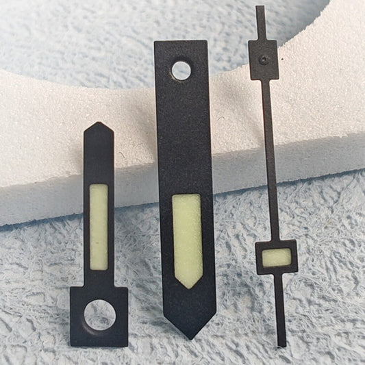 Black Trim C3 Green Lume vintage watch hands for NH34 series, enhancing visibility and style.