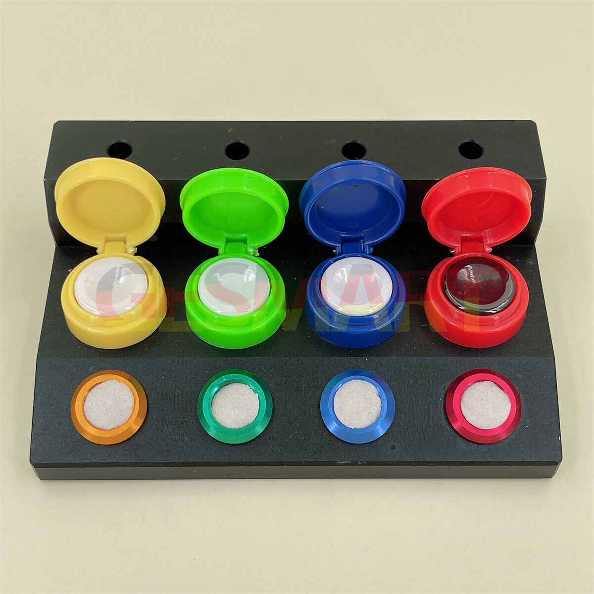 Black oil cup stand with 4 containers featuring colorful plastic covers for watch repair tools.