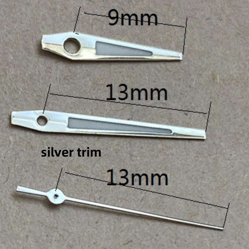 Silver trim green lume arrow watch hands for Ronda 515 quartz movement, precise and luminous accessory.