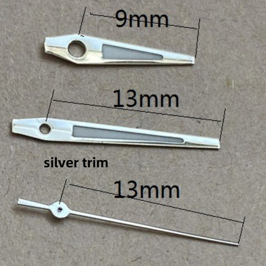 Silver trim green lume arrow shape watch hands for Ronda 515 quartz. Perfect for precise time reading.