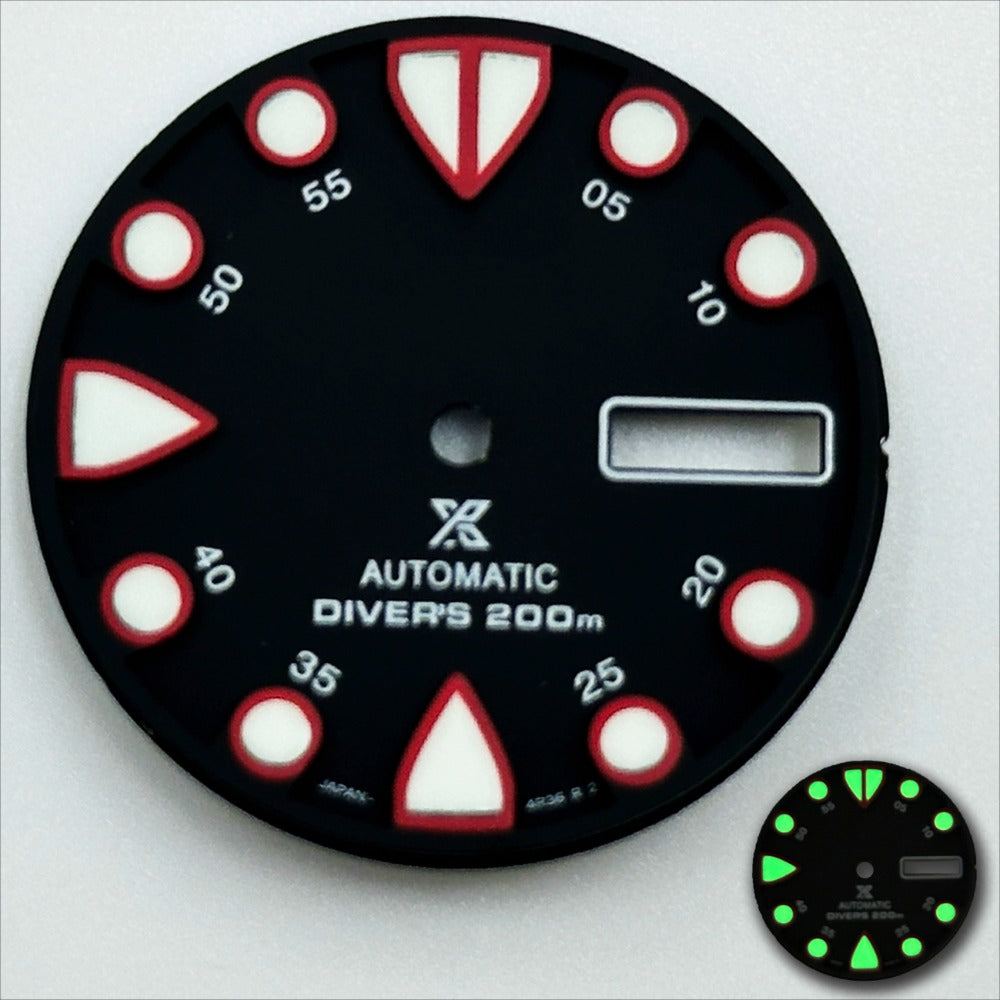 Black 28.5mm modified diving watch dial with red trim, green luminous markers for NH36 movement.