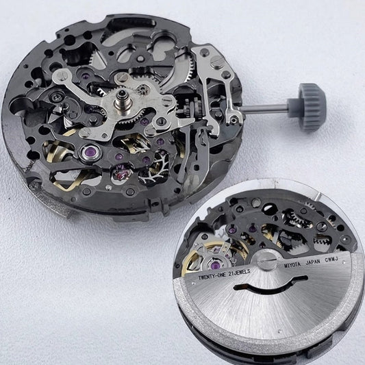 Genuine Miyota 8N24 dark grey hollow automatic mechanical watch movement for precise timekeeping.