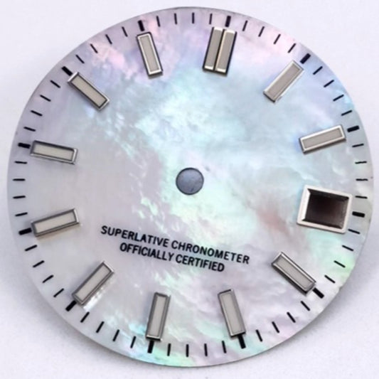Silver 28.5mm NH35 watch dial with blue lume, natural seashell vein texture, perfect for modified timepieces.