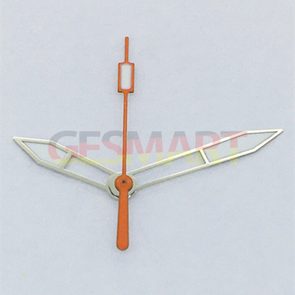 Green luminous watch hands with silver trim and orange second hand, designed for Asian 8215/2813 movements.