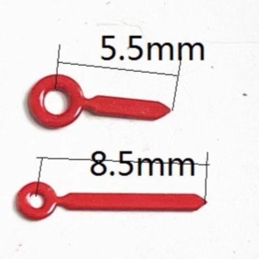 Red painted 5.5x8.5mm watch hands for Ronda 763, 762, 751, 1062, 1063 movements, precision fit.