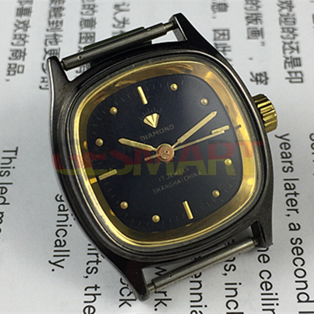 26mm SHANGHAI DIAMOND square manual mechanical lady watch with black dial and case, elegant design.