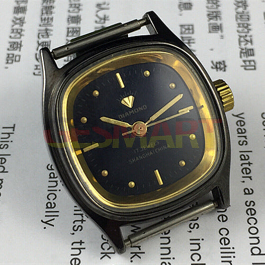 26mm SHANGHAI DIAMOND square manual mechanical lady watch with black dial and case, elegant design.