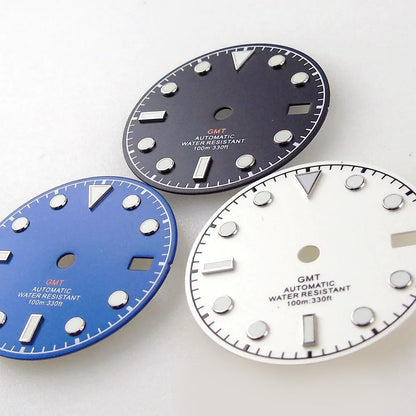 3/3.8 clock Nologo NH34 watch dial, 29mm white and blue steel plate with green luminous snowflake hand for GMT mod