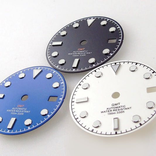 3/3.8 clock Nologo NH34 watch dial, 29mm white and blue steel plate with green luminous snowflake hand for GMT mod