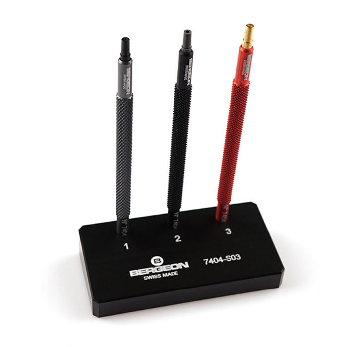 Bergeon 7404-S03 watch hand fitting tool set with base for precise watch repair tasks
