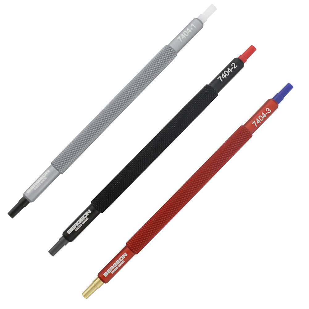 Bergeon 7404 set of 3 watch hand setters for precise fitting in watch repair and accessories.