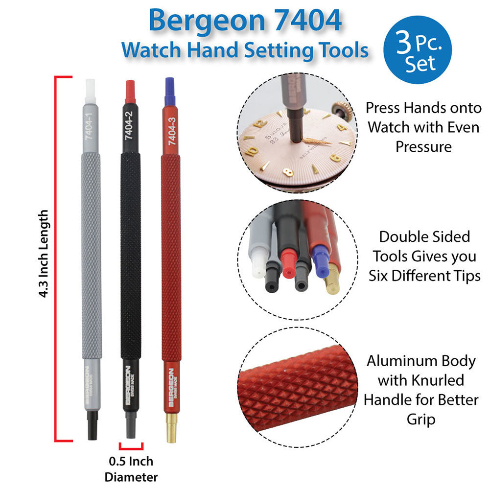 Bergeon 7404 set of 3 watch hand setters for precise fitting and repair of watch accessories