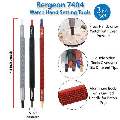 Bergeon 7404 set of 3 watch hand setters for precise fitting and repair of watch accessories