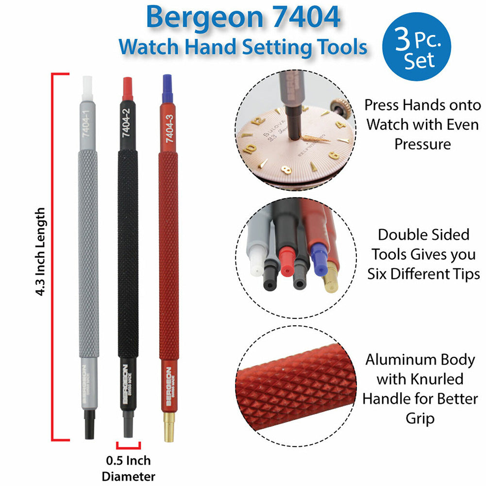 Bergeon 7404-S03 watch hand fitting tool set with base for precise watch repair and assembly