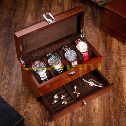Double-layer men's watch box with compartments for organizing watches and jewelry.