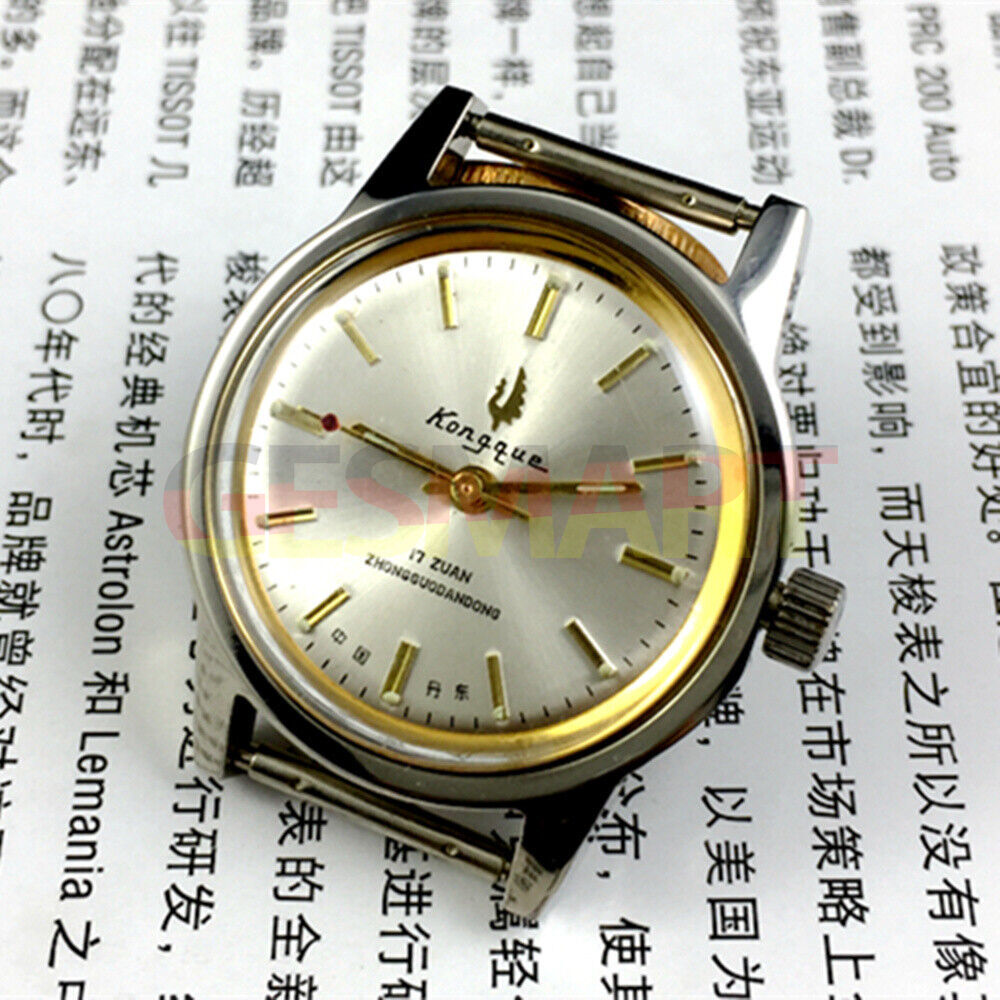 33mm Dandong manual mechanical watch with silver dial, gold markers, 17 jewels for precise timekeeping.