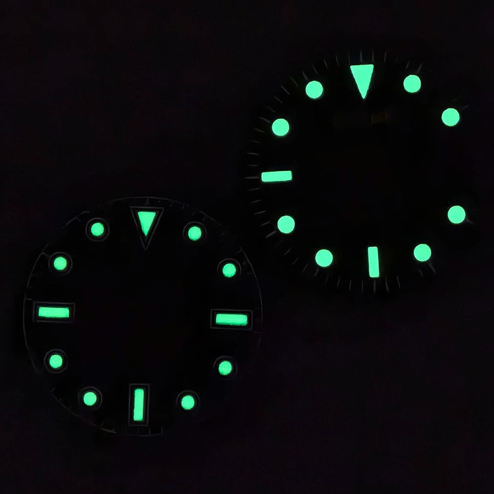 Vintage 28.5mm green lume watch dial, compatible with Miyota 8215, ideal for custom watches.
