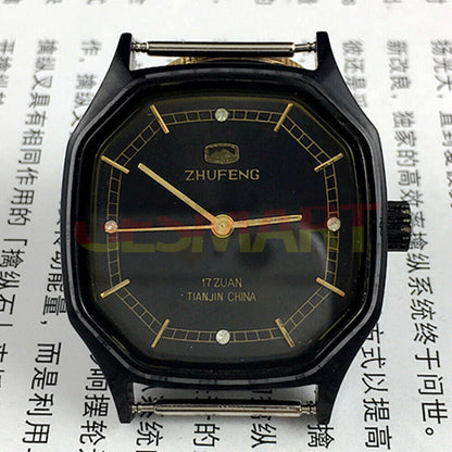 Zhufeng black octagonal watch with gold accents, manual mechanical movement for men and women.