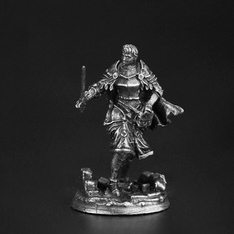 White Brass Figurine Female Knight Miniature - Advancing Sword and Shield Figure