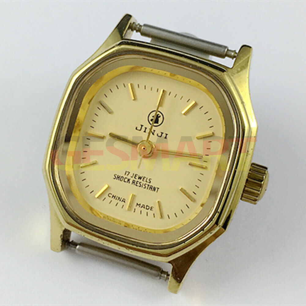SHANGHAI JINJI 26mm lady watch with gold square case and 17 jewel manual mechanical movement, elegant design.