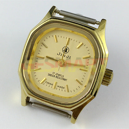 SHANGHAI JINJI 26mm lady watch with gold square case and 17 jewel manual mechanical movement, elegant design.
