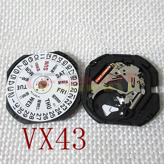 Japan Made Hattori Epson TMI VX43E quartz watch movement with stem, precise timekeeping for repairs.