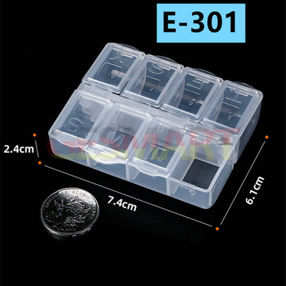 Clear 8-grid storage case for small tools and accessories, 5pcs set enhancing organization and portability.