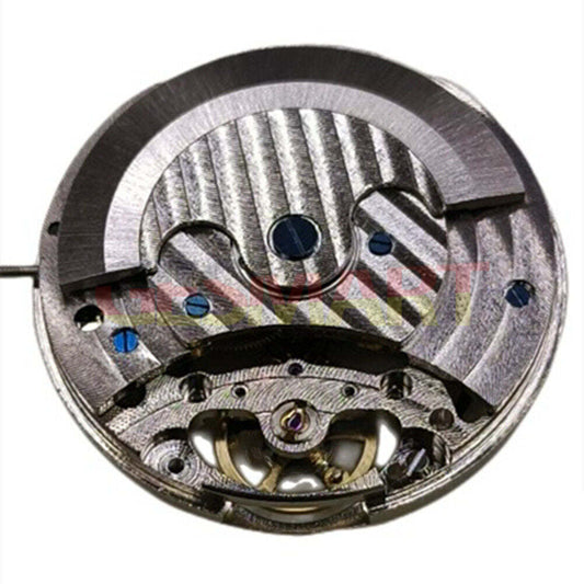 China-made hollow automatic watch with mechanical movement, moon phase at 12, flywheel, and three hands for precise timekeeping.