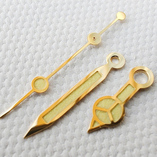 Golden Trim C3 Green Lume vintage watch hands for NH34 NH35 NH36 series with luminous tips.
