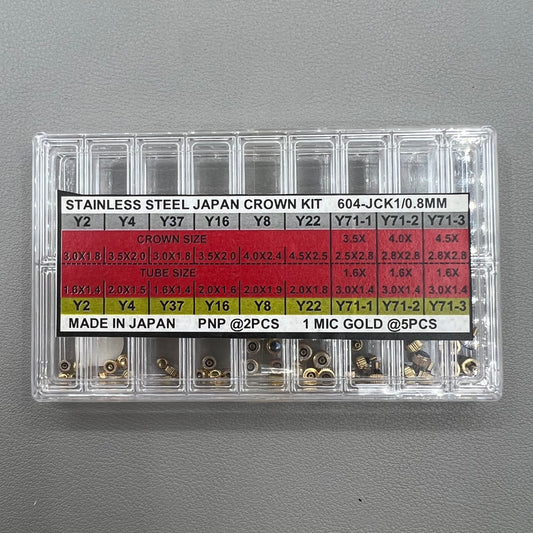 Assortment kit of 63 stainless steel golden and silver watch crowns, 0.8mm diameter for repairs