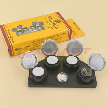 Die-cast alloy oil cup stand with 4 black ceramic containers for watch repair.
