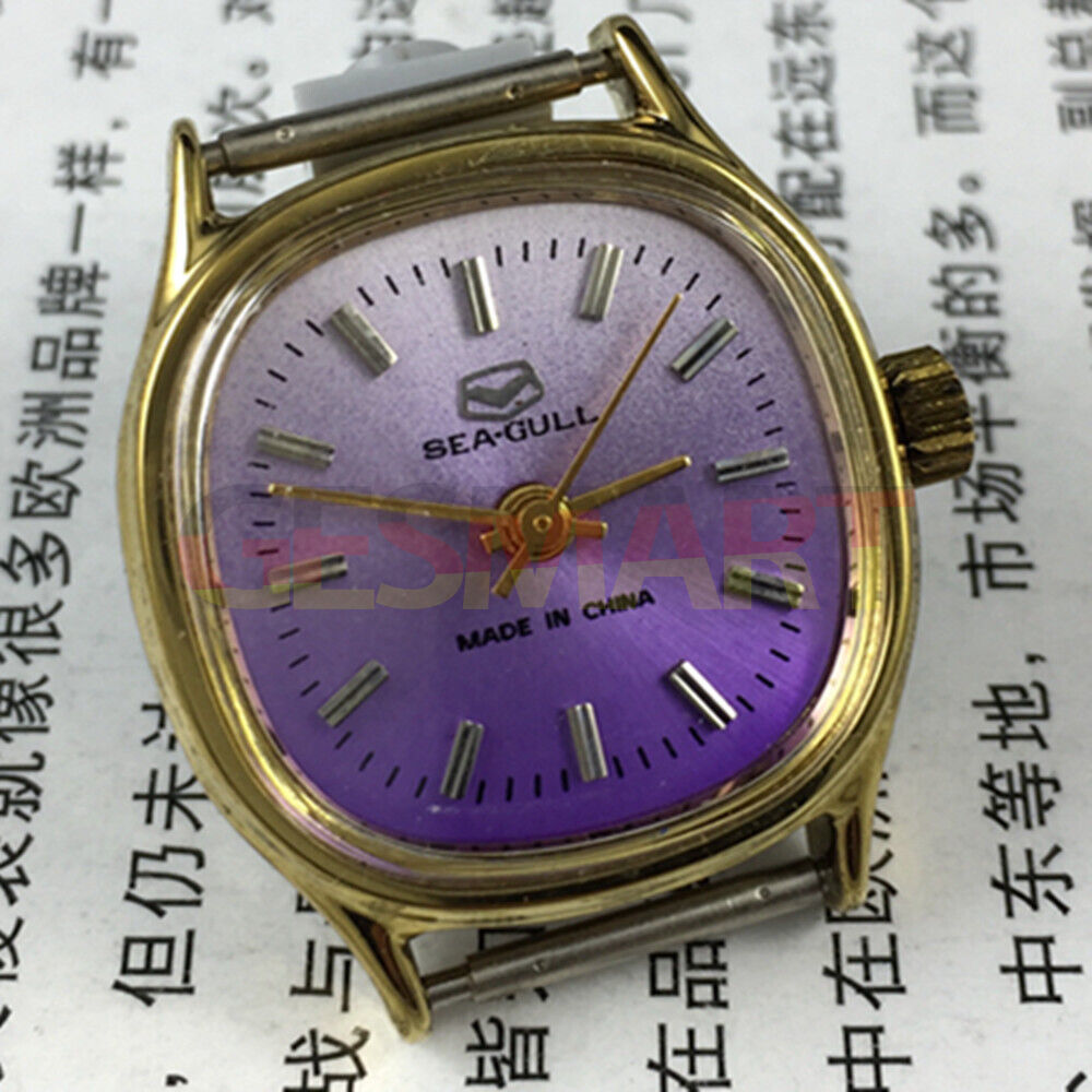 Seagull 27mm ladies watch with purple square dial, manual mechanical movement, 3-hand display, elegant design.