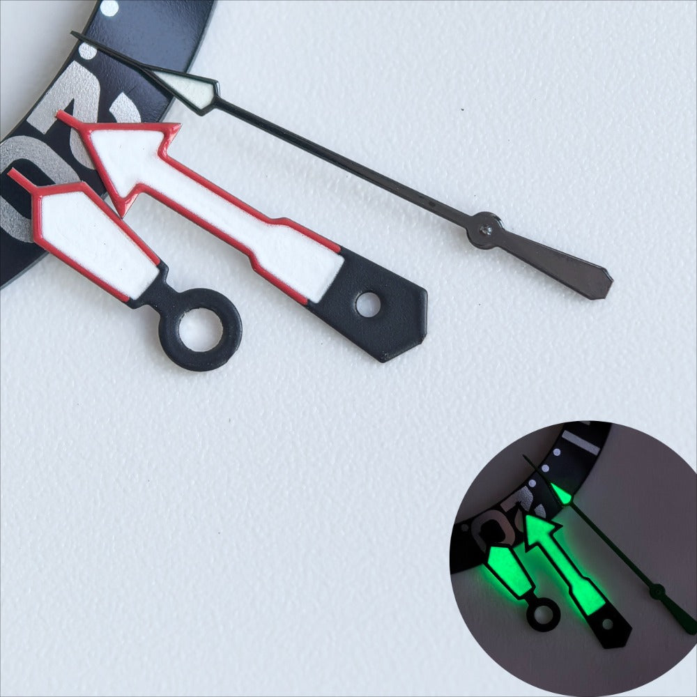 Red-trimmed white watch hands with black base and green lume, compatible with NH35/36 movement.