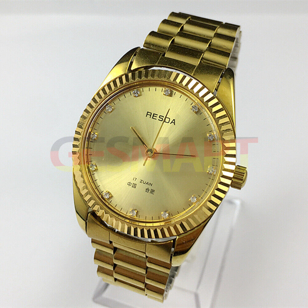 Manual mechanical watch with 17 jewels, golden dial, imitation diamond nails by China Made, classic style.