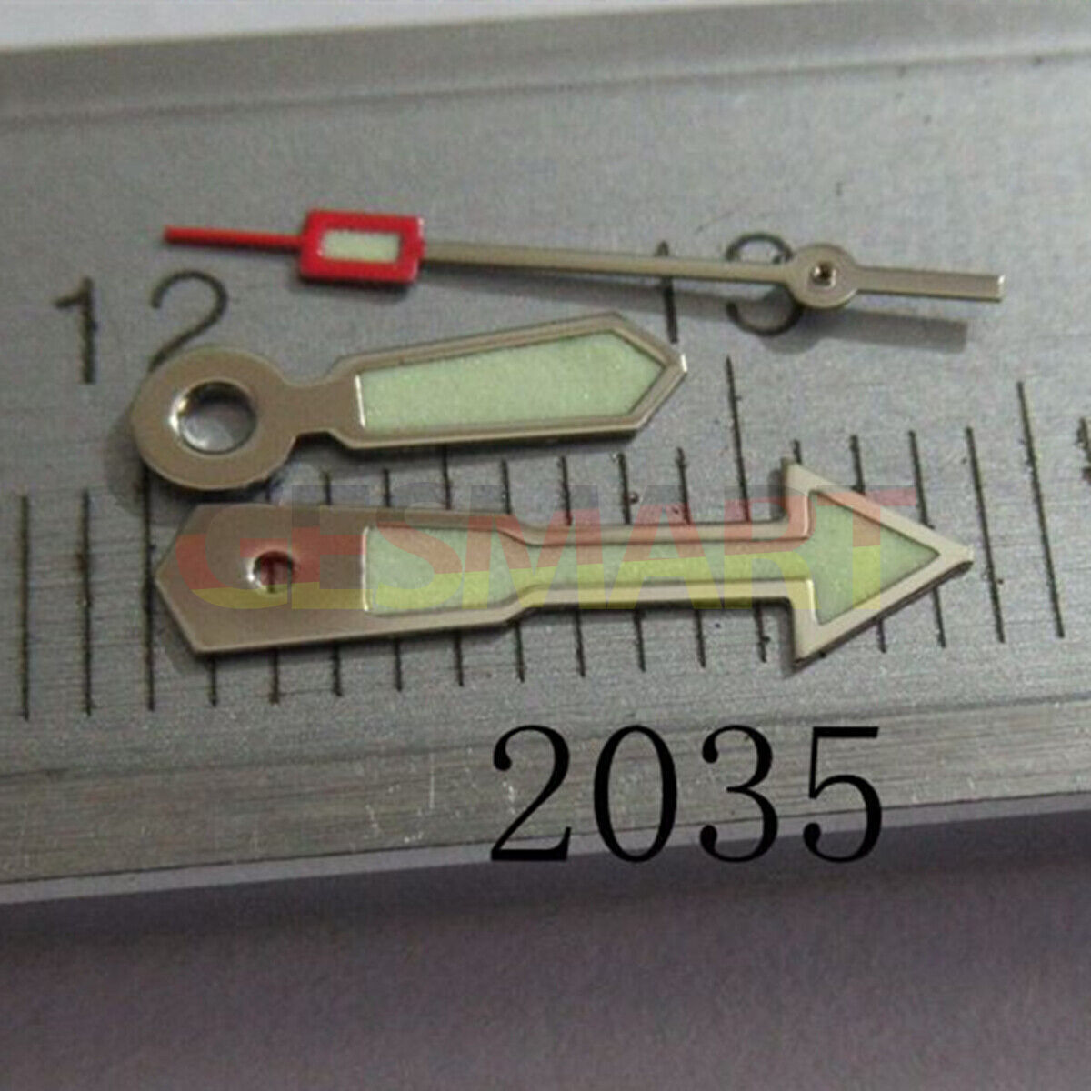 Arrow-shaped silver trim watch hand with green lume, compatible with Miyota 2035, 2115, 2105, 2305 movements.