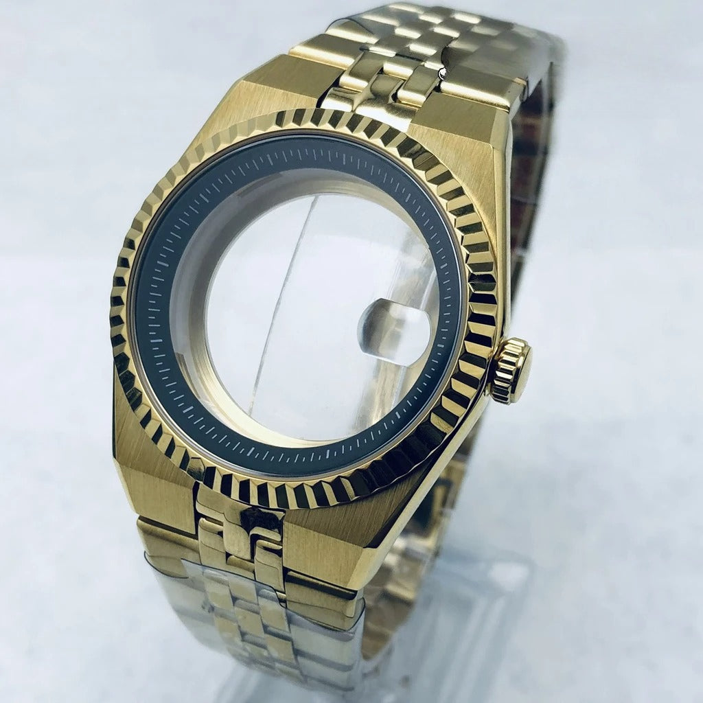 Gold 40mm Land-Dwellwe 904L Watch Case+Strap Sapphire Glass For NH34 NH35 NH36