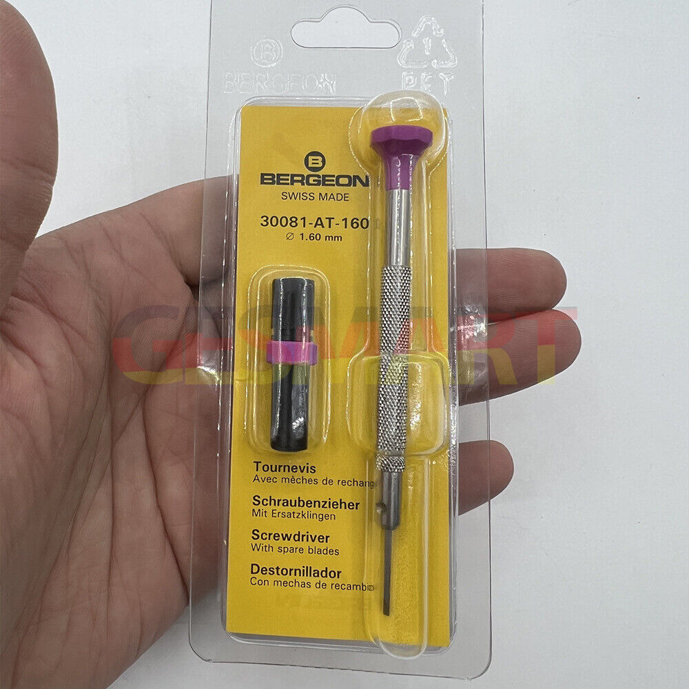 Bergeon 1.60mm ergonomic screwdriver with spare blades for precise watch accessory repairs.