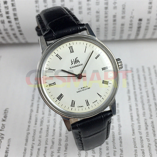 36mm Shanghai Factory 8120 manual mechanical watch with shock-resistant design and 17 jewels.