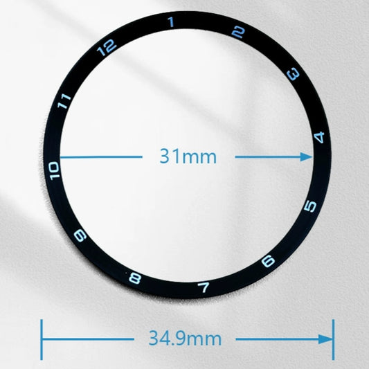 Black stainless steel chapter ring, 34.9mm x 31.0mm x 1.9mm, durable watch repair part for precise restoration.