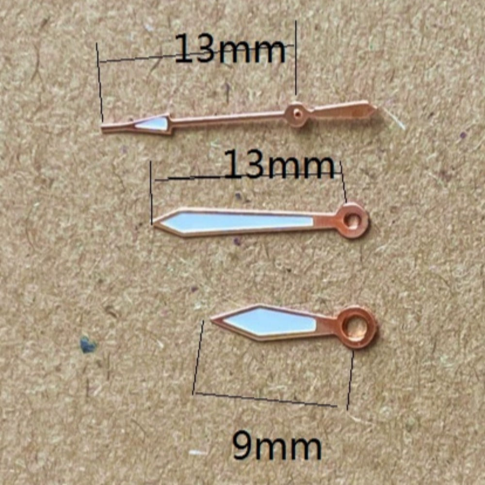 Rose Golden Trim Green Lume watch hands for Miyota 2035 quartz movement, 13x13x9mm precision design.