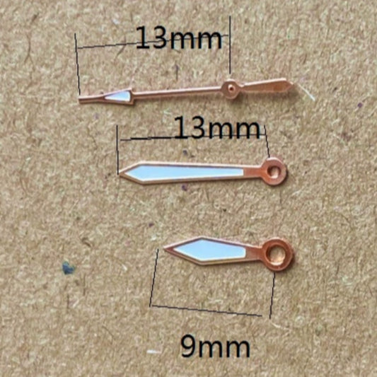 Rose Golden Trim Green Lume watch hands for Miyota 2035 quartz movement, 13x13x9mm precision design.