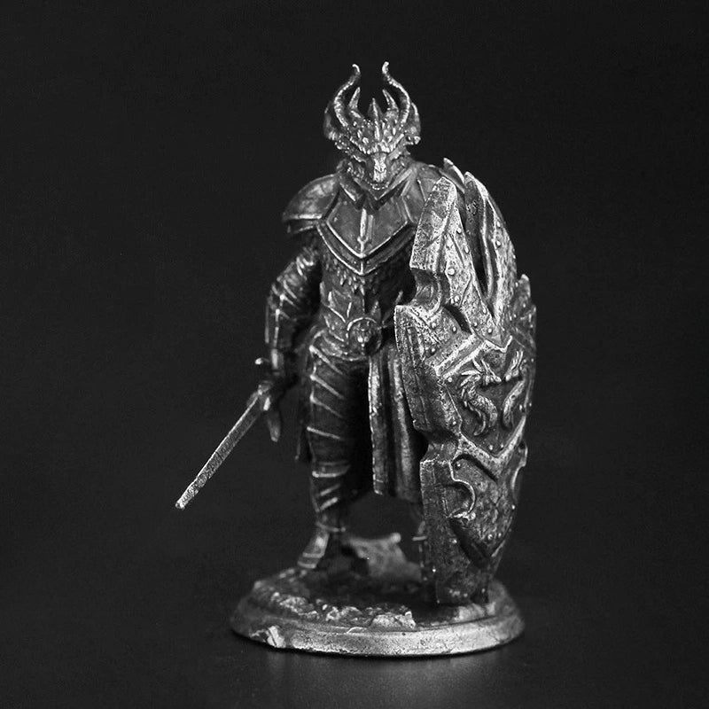 White Brass Figurine Dragonborn Knight Miniature - Horned Dragon Helm Sword and Shield